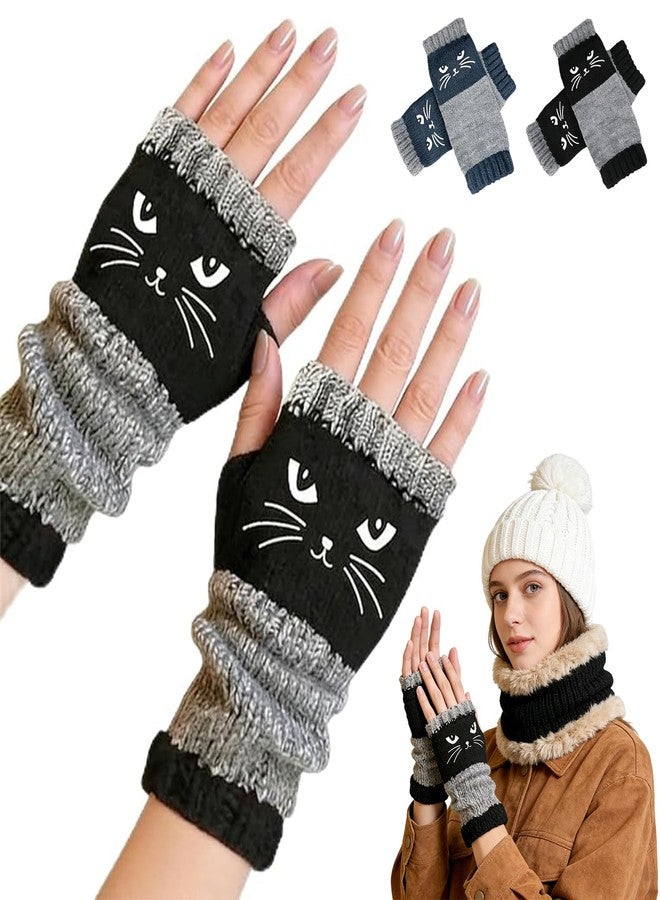 قفازات Easybos Cozy Cat بدون أصابع للنساء - قفازات محبوكة دافئة بتصميم كلاسيكي وتطريز قطة لطيف، قفازات أنيقة للارتداء اليومي (أسود) - Image 1